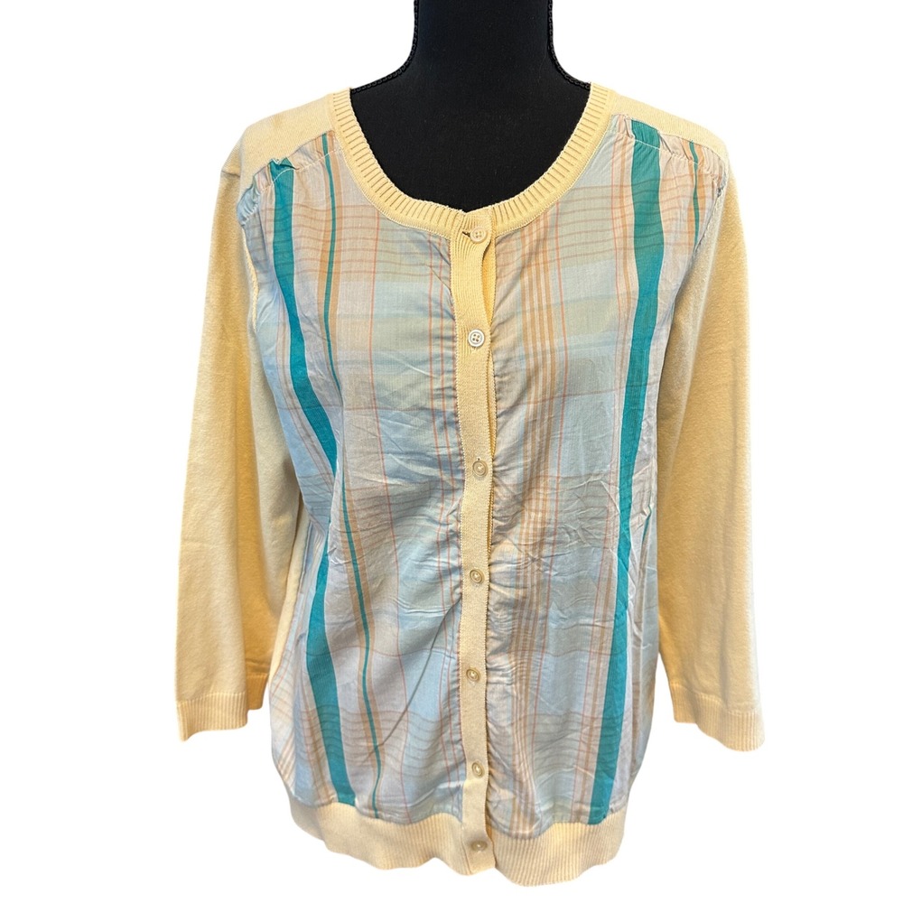 Liz Claiborne New York Womens Large Yellow Plaid Mixed Media Cardigan Sweater L